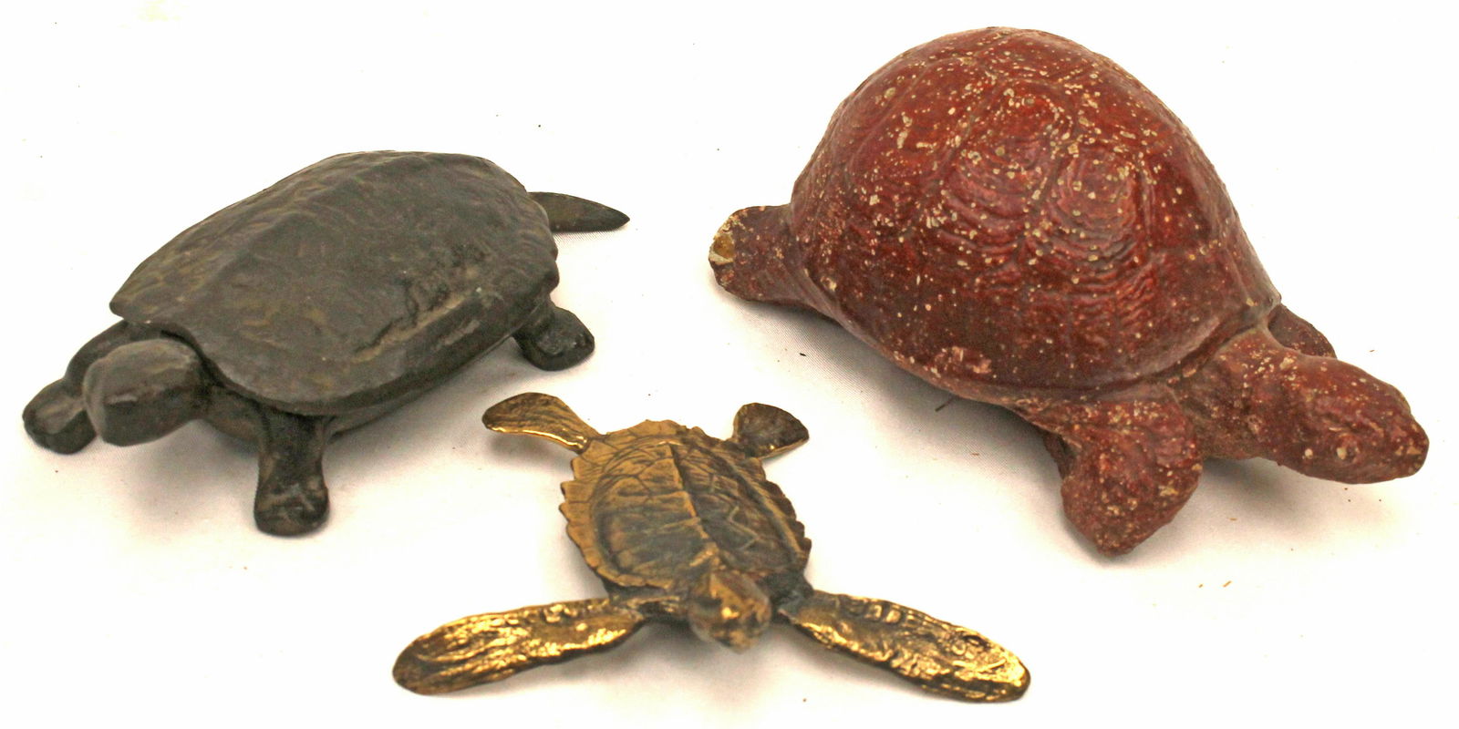 Lot of 3 turtle figures incl 5 1/2" red painted stone, 4 1/2" cast metal box & 3 1/2" brass (1 of 8)