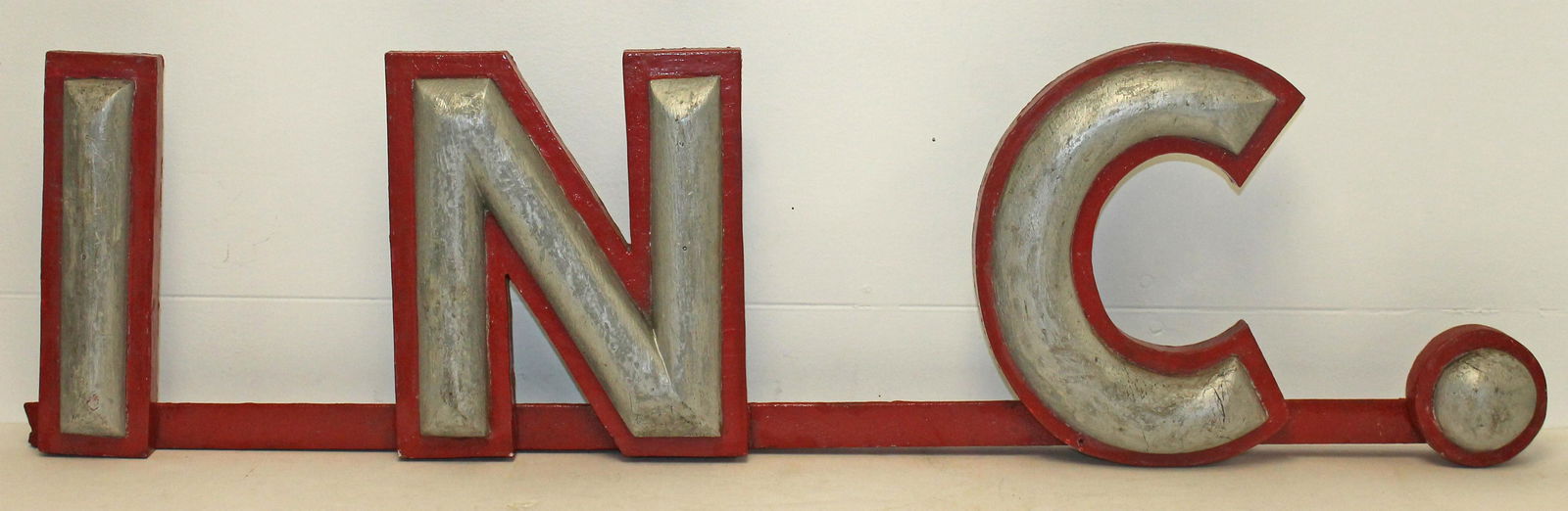 Wooden painted sign "INC." in red & gray on painted red iron bracket - 9" tall x 33" long (1 of 4)