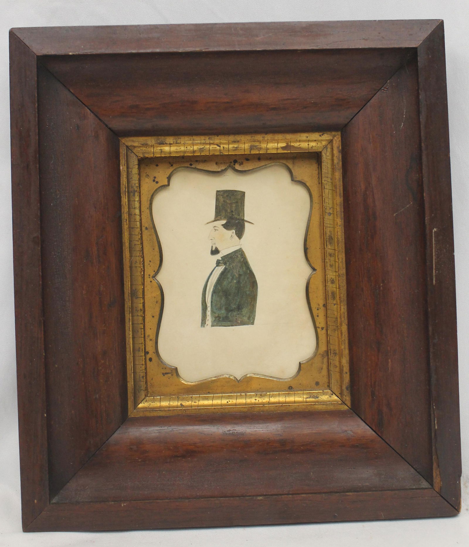 Antique w/c miniature portrait of a gentleman in top hat in deep wooden frame w gold liner - overall (1 of 3)