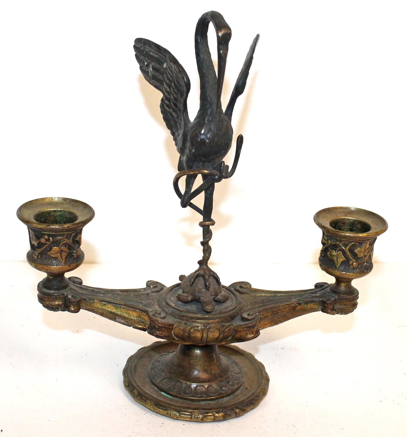 Antique bronze candle holder w crane standing on turtle motif - 8 1/2" tall x 8" wide: Antique bronze candle holder w crane standing on turtle motif - 8 1/2" tall x 8" wide