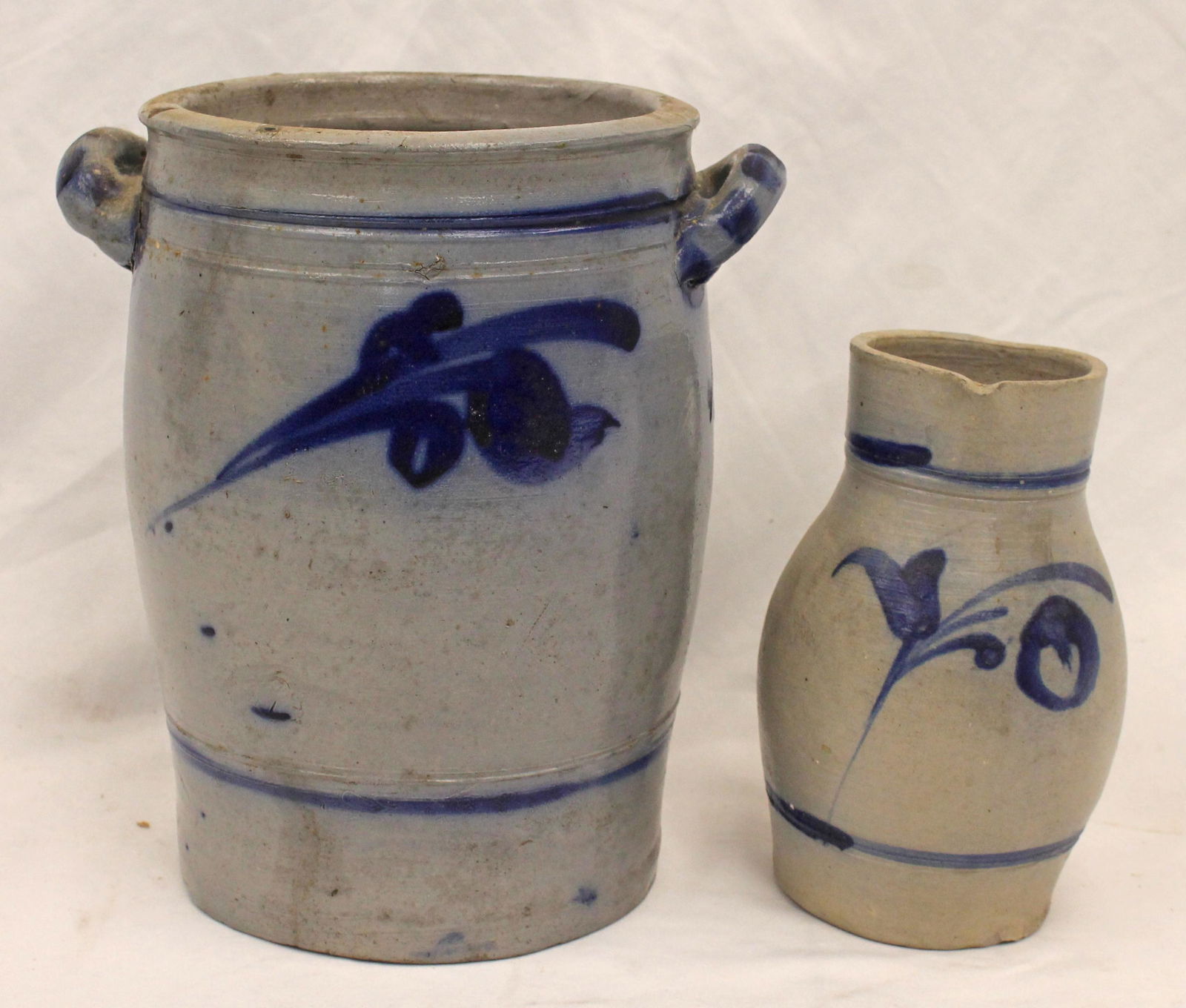 Lot of 2 stoneware cobalt dec items incl 8" pitcher & 10 1/2" jar (1 of 9)
