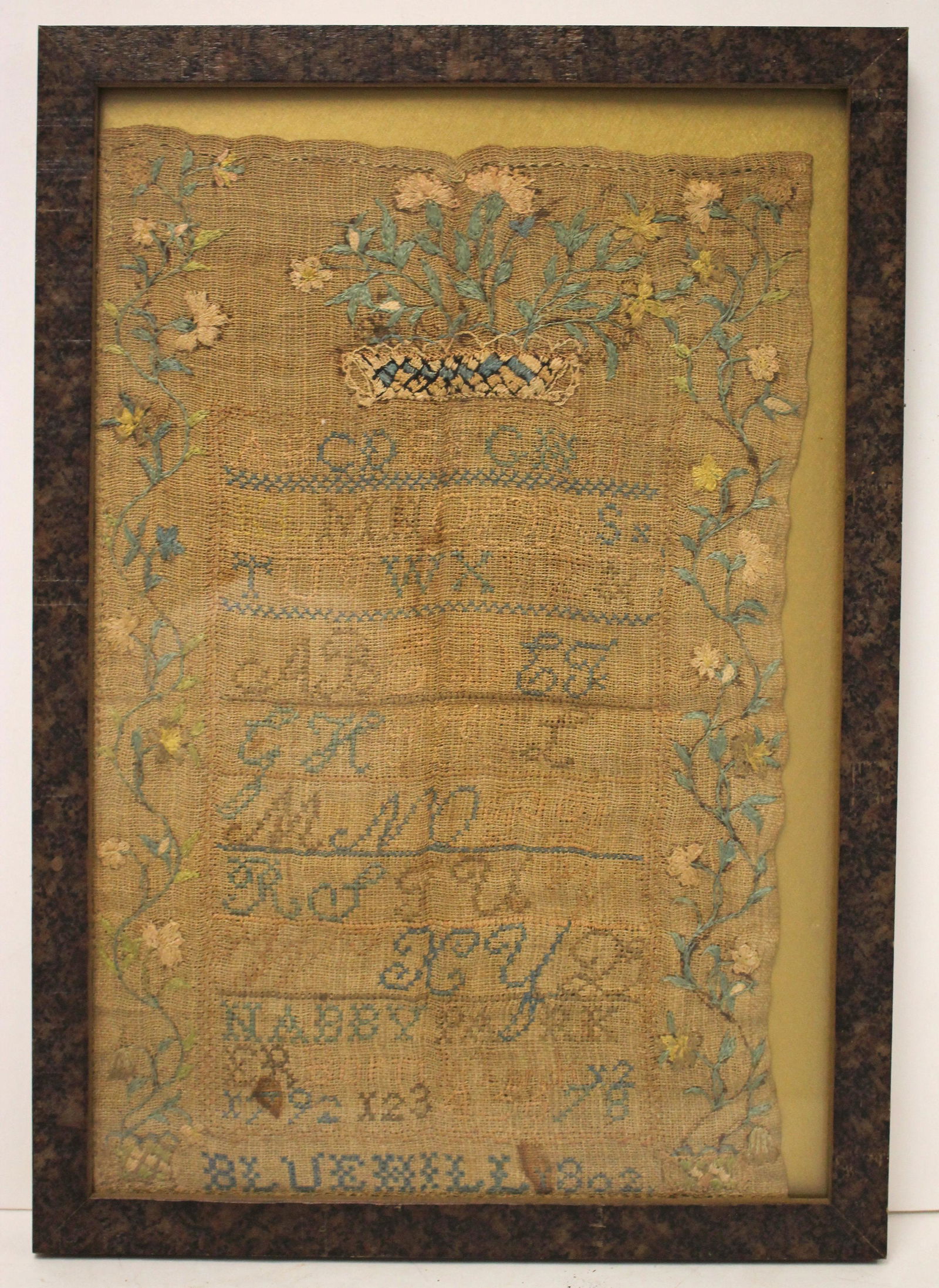 Nabby Parker sampler - Blue Hill (Maine when it was part of MA) dated 1802 - 16 3/4"x11 3/4" (1 of 5)