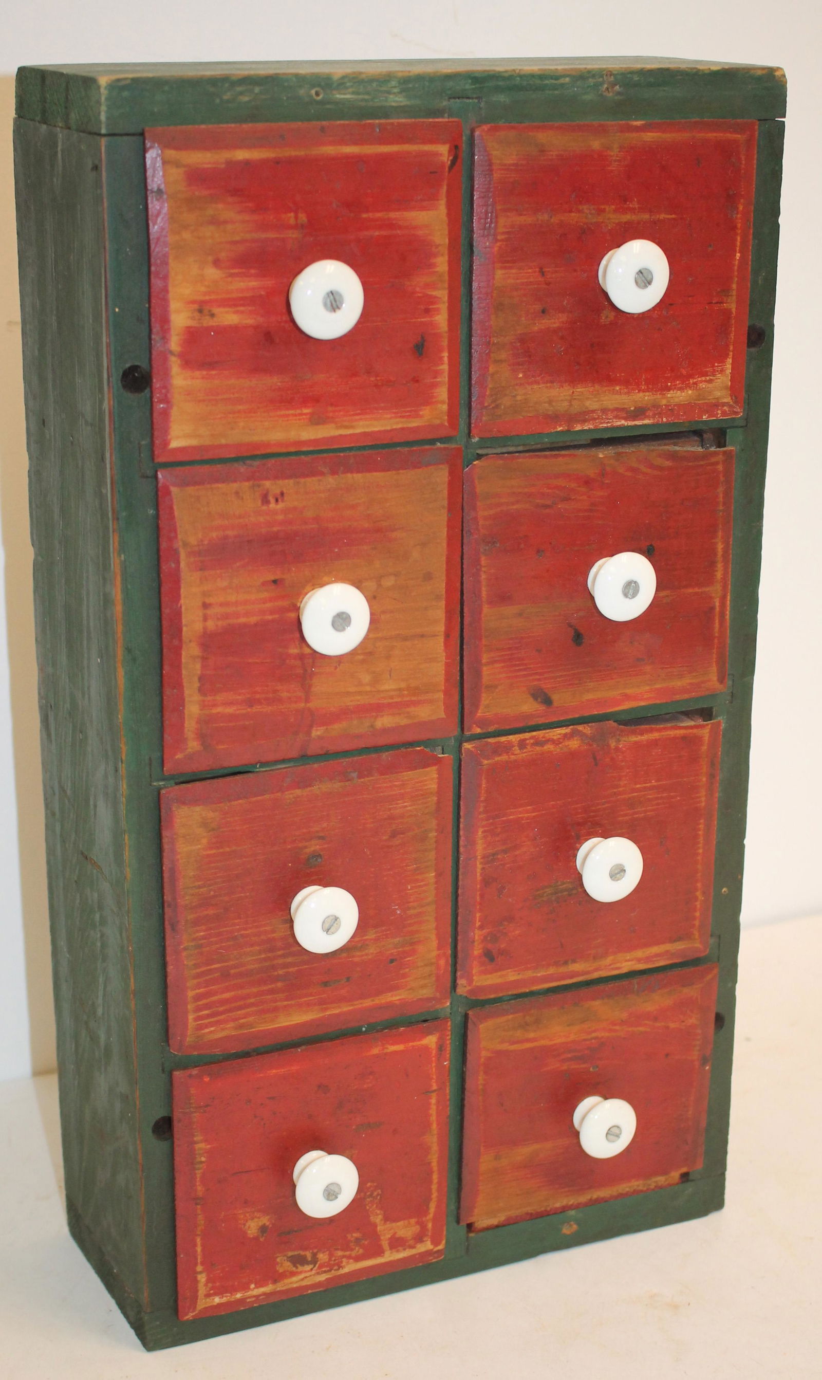 Small 8 drawer wooden painted spice chest - 18" tall x 10" wide x 4" deep (1 of 3)