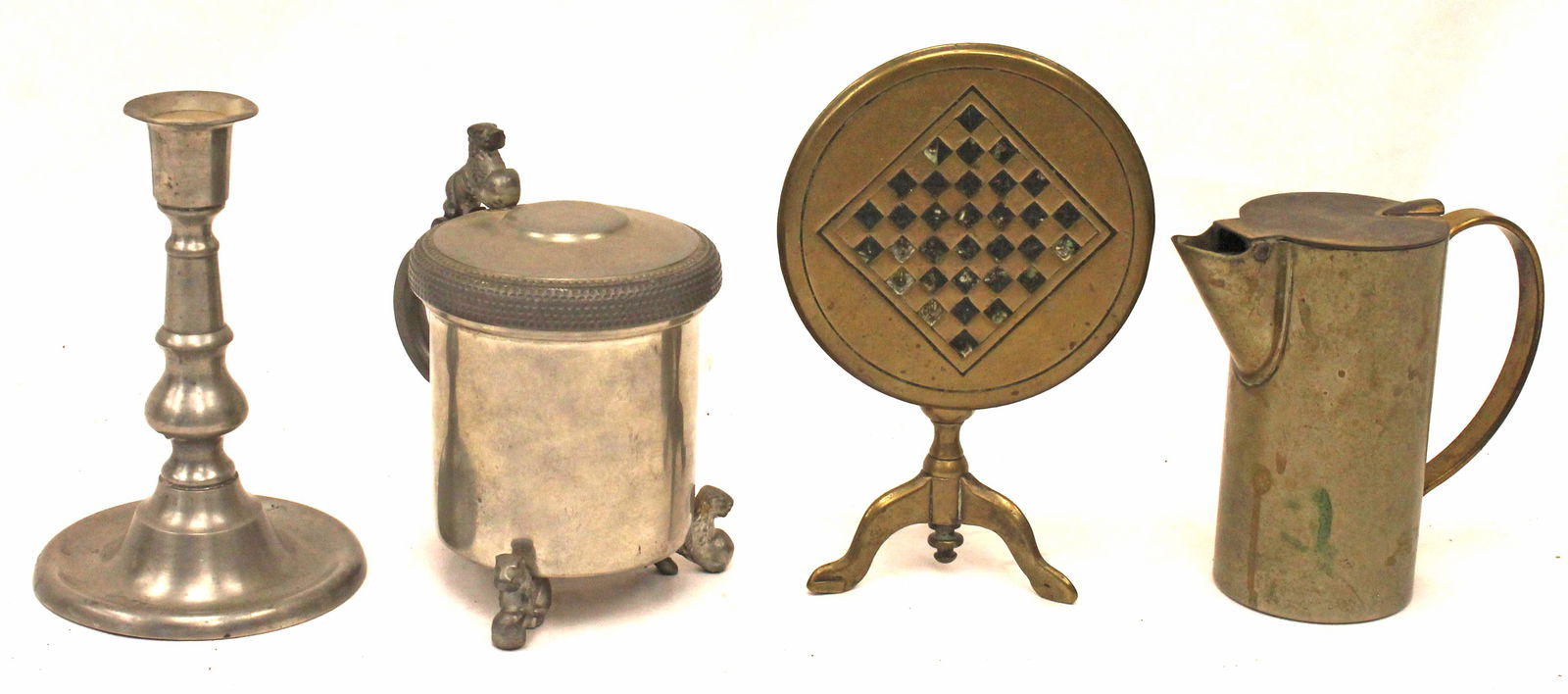 Misc mixed metal lot incl pewter candlestick & stein, brass mug & miniature brass tilt top game (1 of 7)