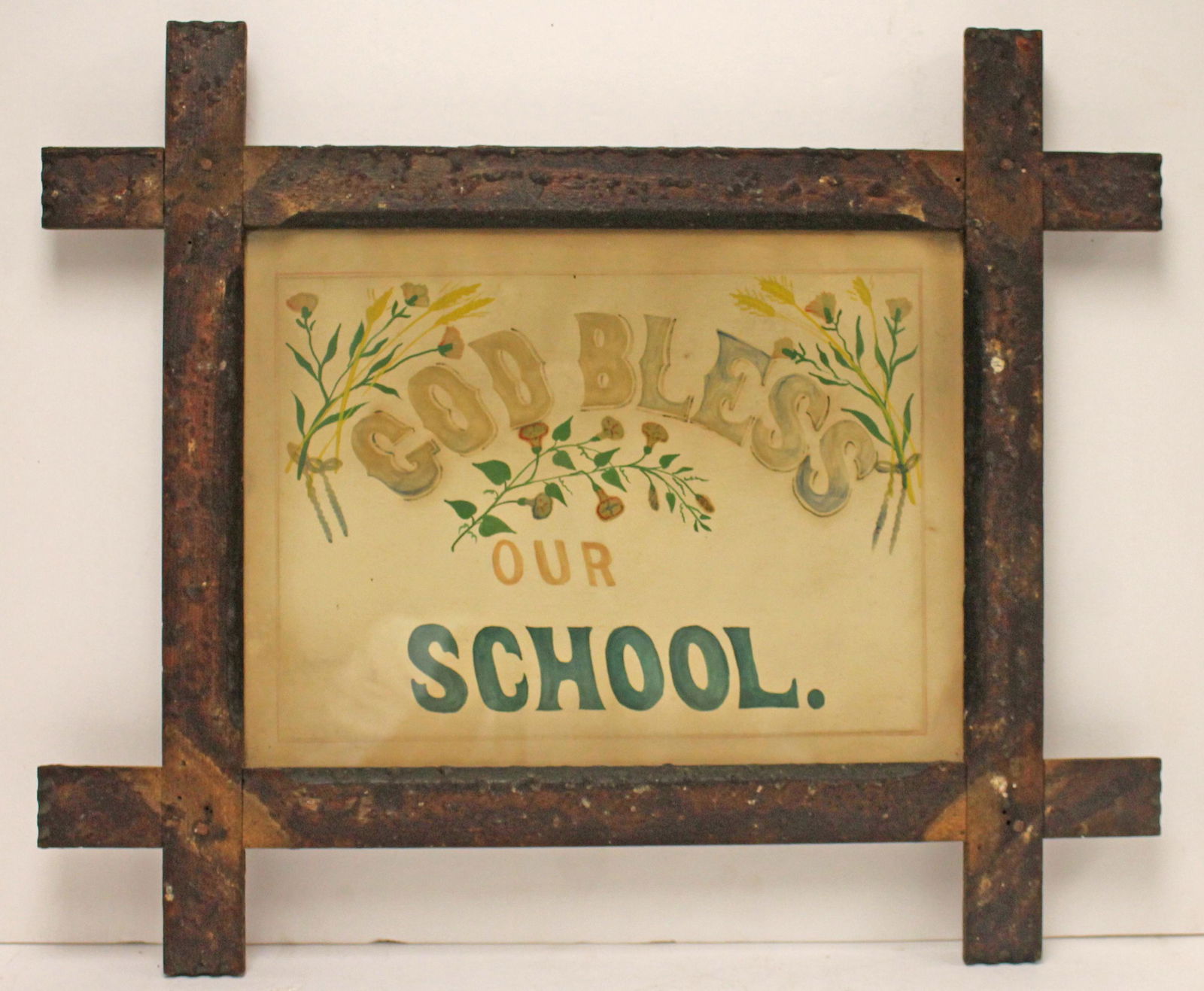 Antique w/c theorem on paper "God Bless Our School" in Tramp Art frame - 20"x24" overall framed size (1 of 2)
