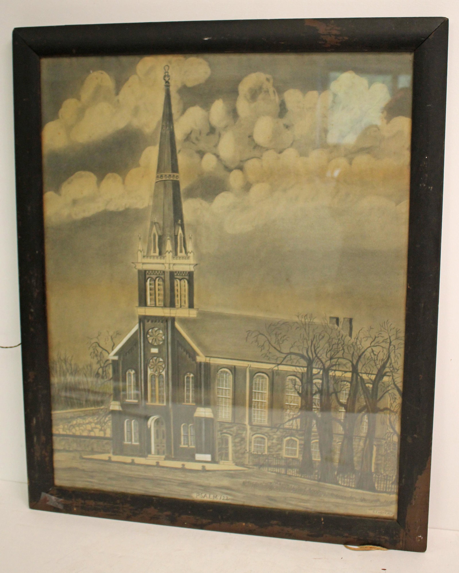 Antique framed charcoal of a church "Psalm 122" - overall framed size 33"x27 1/2": Antique framed charcoal of a church "Psalm 122" - overall framed size 33"x27 1/2"