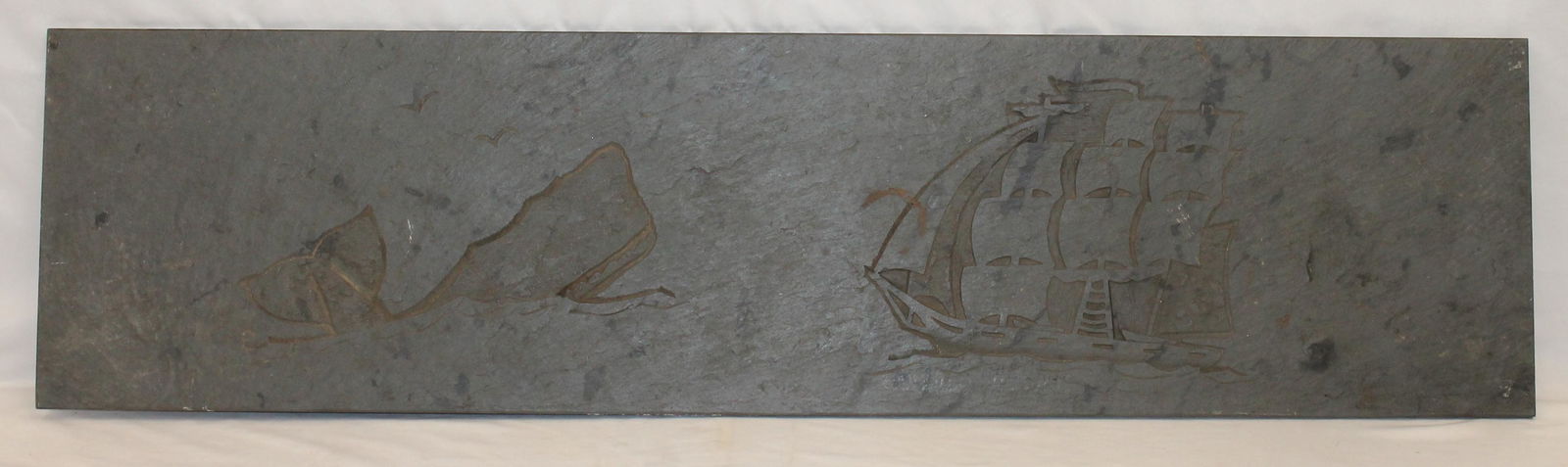 Etched slate w whale chasing masted ship dec - 11 1/2"x46": Etched slate w whale chasing masted ship dec - 11 1/2"x46"