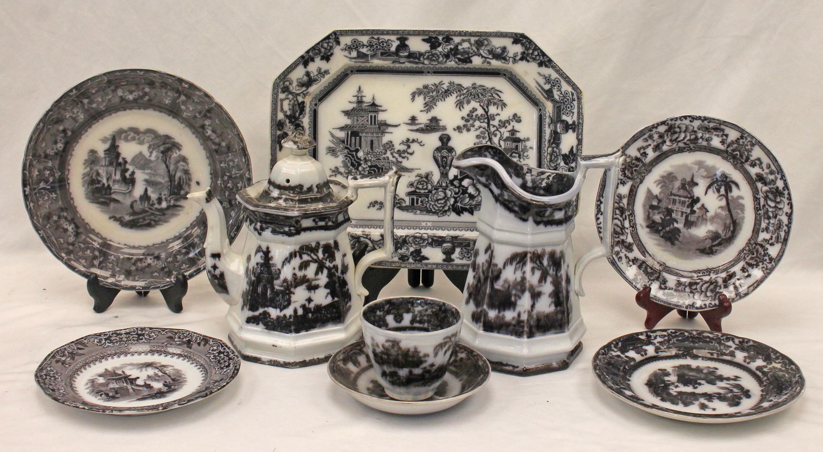 Lot of 8 pcs of black & white transferware ironstone incl pitcher, teapot, platter, cup & various (1 of 17)