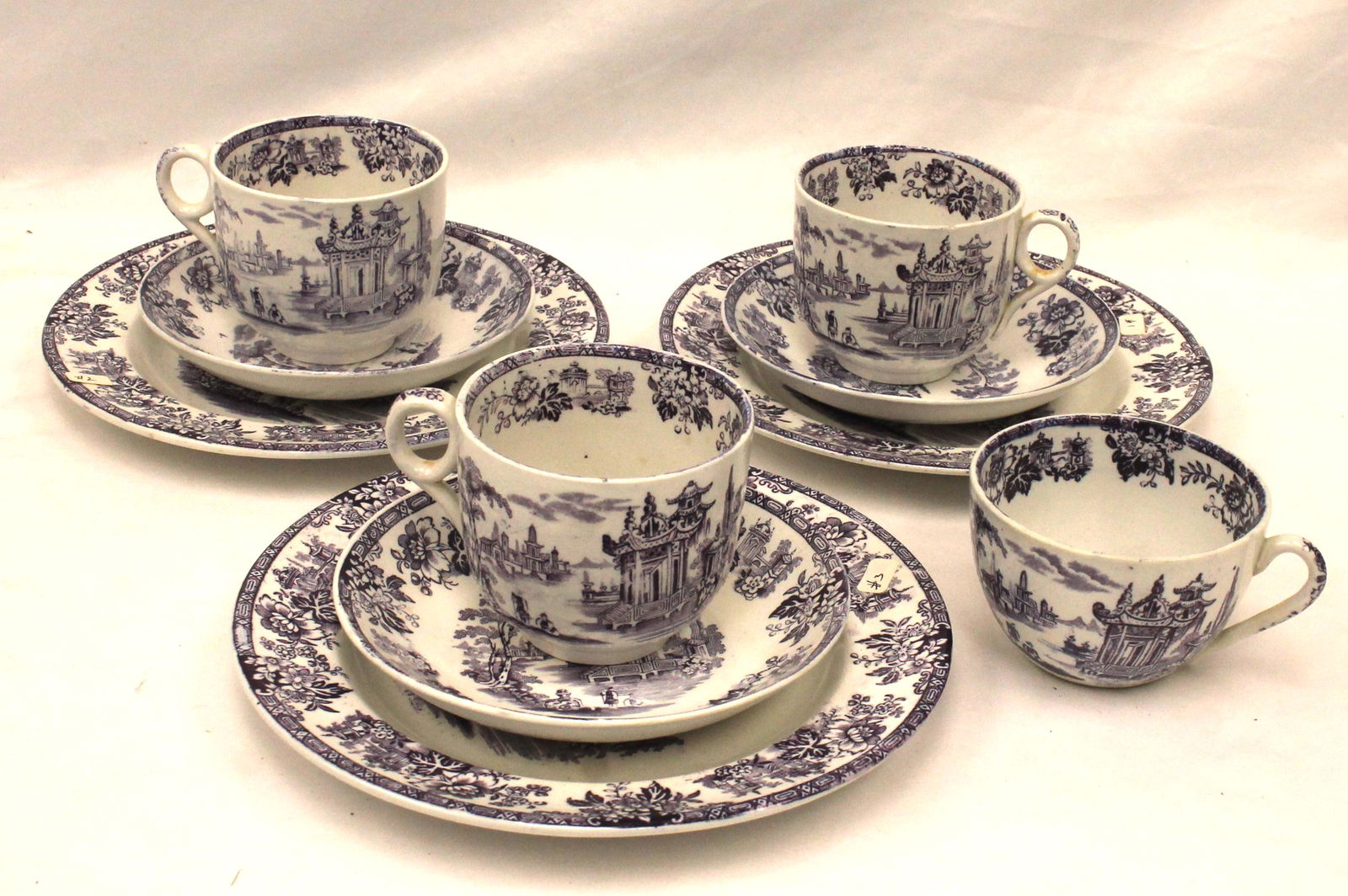 Lot of 10 pcs of purple & white transferware china incl cups, saucers & plates (1 of 10)