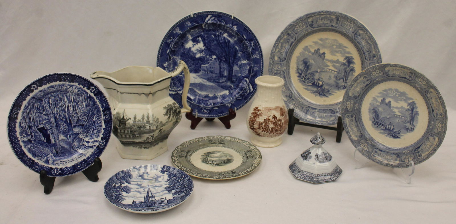 Lot of 9 pcs of various colors of transferware china incl plates, pitcher, etc (1 of 18)