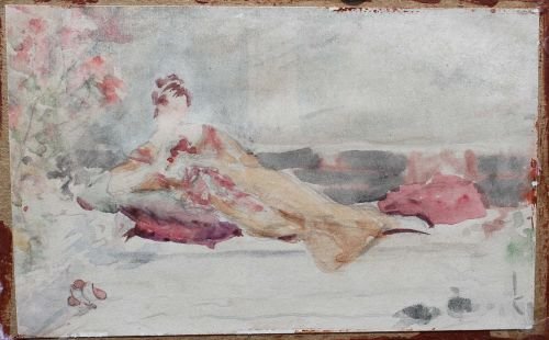 Important James McNeil Whistler (1834-1903) (sgnd w: Important James McNeil Whistler (1834-1903) (sgnd w butterfly mark) 4 3/8"x7" graphite & wc on paper of a reclining female