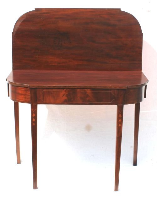 Beautiful period Hepplewhite ca 1790-1800 Georgetow: Beautiful period Hepplewhite ca 1790-1800 Georgetown, SC mahogany ovolo shaped card table w great bell flower inlay - 35 1/4" wide