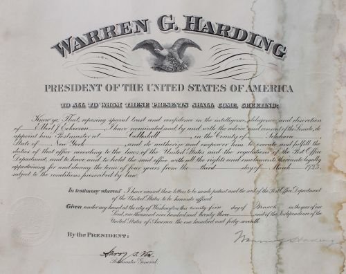 signed Warren G Harding dated 1923 Presidential Po: signed Warren G Harding dated 1923 Presidential Postmaster appointment at Cobleskill, Schoharie County NY - 17 1/2"x14"