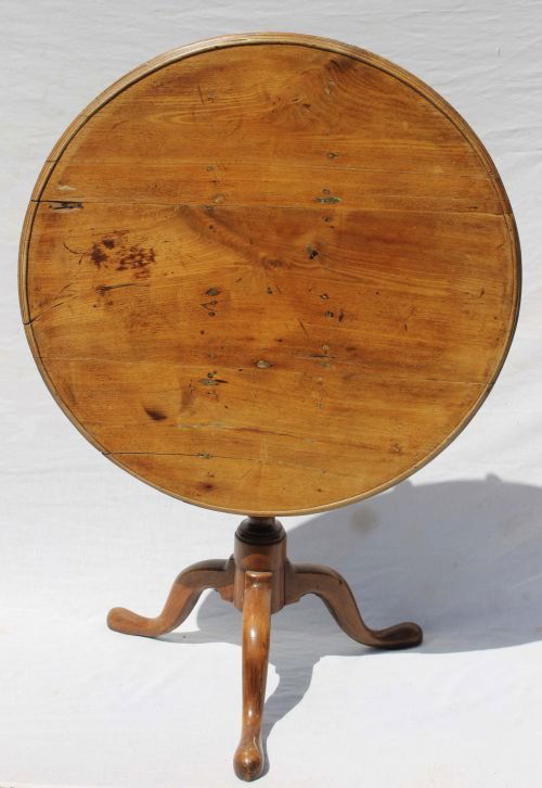 Chester County PA period QA ca 1750-1760 walnut til: Chester County PA period QA ca 1750-1760 walnut tilt top tray top 32" round birdcage tea table in orig structure incl orig leather washer in old surface