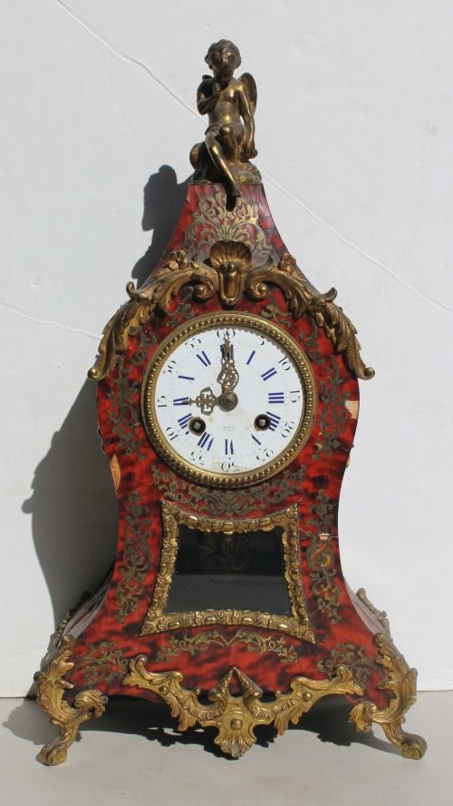 19thC French boulle clock w bronze ormolu, porcelai: 19thC French boulle clock w bronze ormolu, porcelain dial & brass works - 16 1/2" tall - dial & works marked Henry Marc a Paris