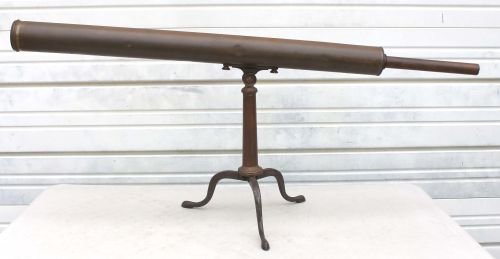 late 18thC brass telescope on iron tripod base ins: late 18thC brass telescope on iron tripod base inscribed "Eben Dyer Jordan" by Dollond, London - 42" long