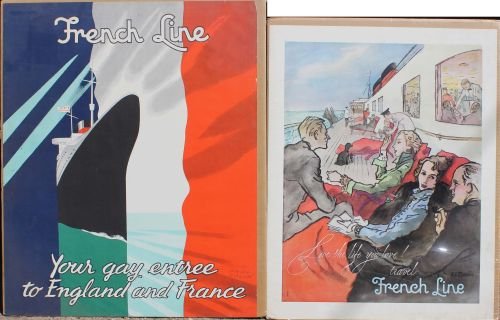 lot of 2 "French Line" very colorful vintage trave: lot of 2 "French Line" very colorful vintage travel posters - 1 by Paul Colin 30"x24" & the other by R.R. Bouche 28"x22"
