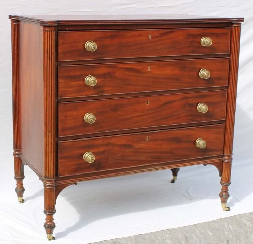 Attrib Thomas Seymour beautiful carved mahog Shera: Attrib Thomas Seymour beautiful carved mahog Sheraton period 4 drawer chest w reeded columns & turret corners - Boston, MA ca 1800 - 43" wide x 23" deep x 41" tall