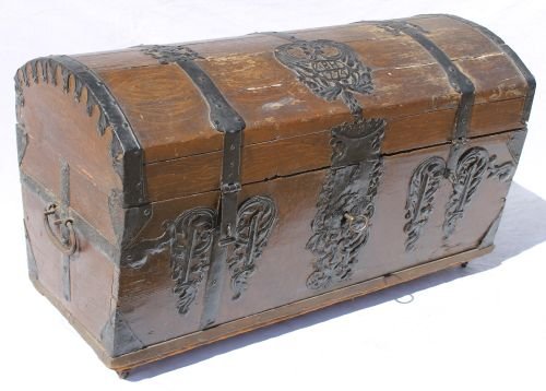 Wonderful antique wooden carved dome top trunk w i: Wonderful antique wooden carved dome top trunk w iron straps & embellishments marked ABH 1774 - 41" long x 19" deep x 24" tall