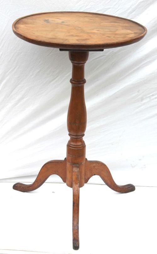 ca 1780 Upper CT River Valley maple dishtop period: ca 1780 Upper CT River Valley maple dishtop period candlestand featuring well turned shaft w decorative scribe lines and graceful cabriole legs terminating in snake ft - all original