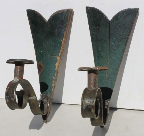 pr of early make do candle sconces w green wooden: pr of early make do candle sconces w green wooden painted backs - 12" tall