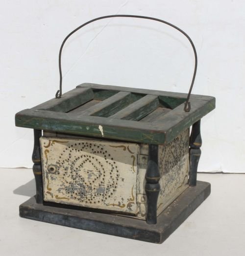 Great 18thC rare orig wood painted foot warmer w v: Great 18thC rare orig wood painted foot warmer w very rare orig painted pierced tin panels - virtually never seen w orig paint dec - 6" tall x 8 1/2"