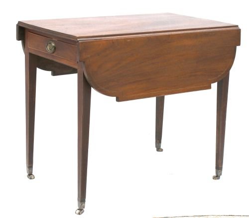 period Hepplewhite ca 1790-1810 Columbia SC mahog: period Hepplewhite ca 1790-1810 Columbia SC mahog ovolo corner Pembroke table w satinwood & ebony wood inlay & inscription on inside of rail featuring 1 real drawer & 1 false dr w orig brasses - 33 1/