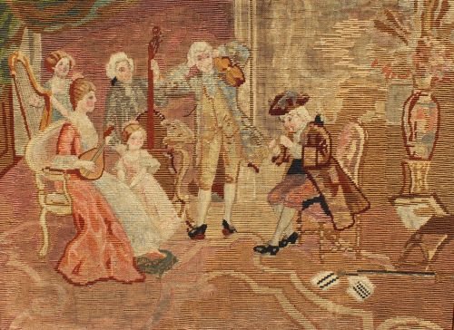 mid to late 19thC French needlepoint & pettipoint: mid to late 19thC French needlepoint & pettipoint interior scene w musicians - framed size 23"x28 1/2"
