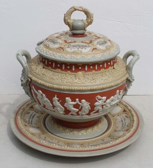 Beautiful Mettlach #2087 punch bowl w lid & tray -: Beautiful Mettlach #2087 punch bowl w lid & tray -17" diam underplate