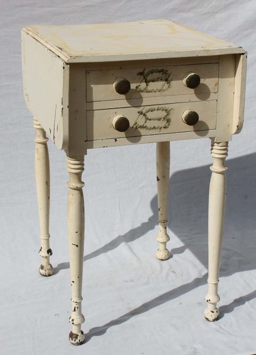 Period Sheraton ca 1820 New England 2 drawer drop: Period Sheraton ca 1820 New England 2 drawer dropleaf stand in white paint - 18" wide x 20" deep x 30" tall