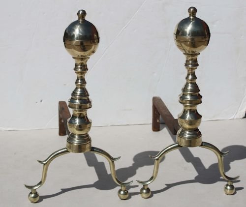 pr of ca 1810 Boston nipple top ball top brass and: pr of ca 1810 Boston nipple top ball top brass andirons w ball & spur feet in all orig structural condition -16 3/4" tall