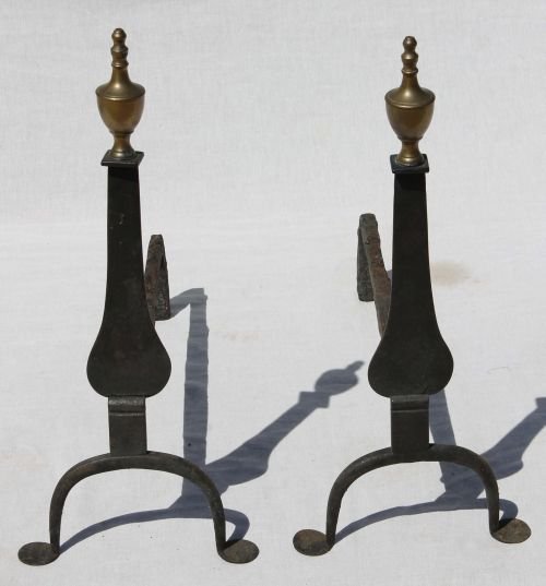 pr of ca 1760-1780 great condition unusually lg 21: pr of ca 1760-1780 great condition unusually lg 21 1/2" tall New England knife blade andirons on penny feet