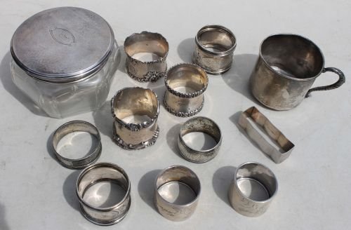 sterling silver lot incl 10 napkin rings, covered : sterling silver lot incl 10 napkin rings, covered jar & baby cup - weighs approx 12.88ozt