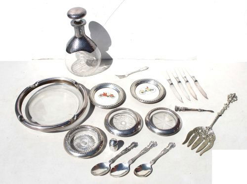 sterling lot incl decanter, ashtray & coasters w s: sterling lot incl decanter, ashtray & coasters w sterling overlay plus salt & peppers, & misc flatware
