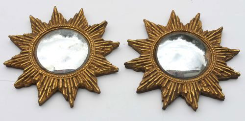 pr of antique gilt painted bullseye mirrors - 7" d: pr of antique gilt painted bullseye mirrors - 7" diam