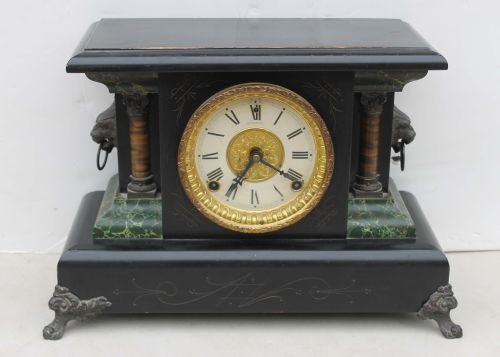 Antique Sessions "Faux" marble mantle clock w lion: Antique Sessions "Faux" marble mantle clock w lion head handles
