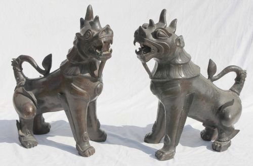 pr of large Chinese bronze male & female foo dogs : pr of large Chinese bronze male & female foo dogs - 23"tall x 20" long