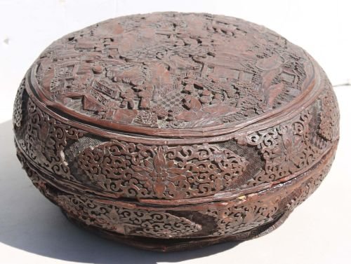 Chien Lung round carved cinnabar box w extensive v: Chien Lung round carved cinnabar box w extensive village scene decoration - 12 1/4" diam