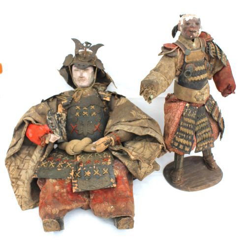 2 large antique Samurai dolls - clay covered compo: 2 large antique Samurai dolls - clay covered composition in orig clothing - 15" & 18" tall