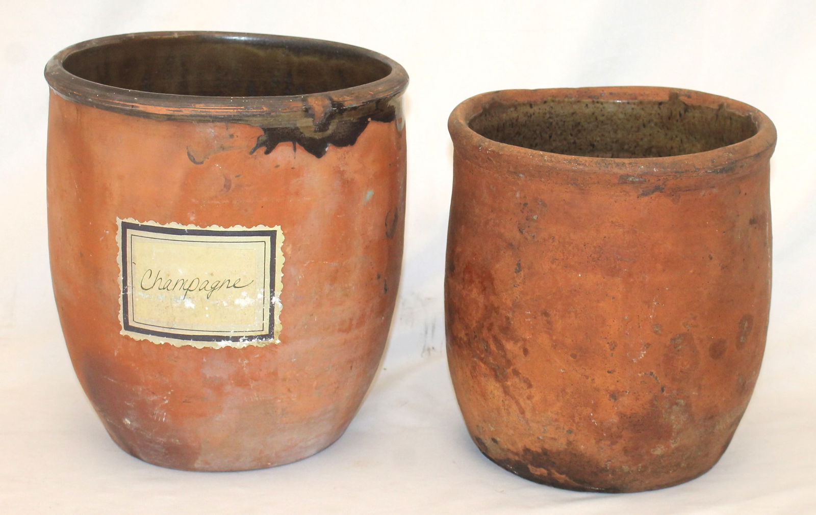 Lot of 2 redware lard pots - 9" x 8 3/4" diam & 10" x 9 1/2" diam (1 of 7)