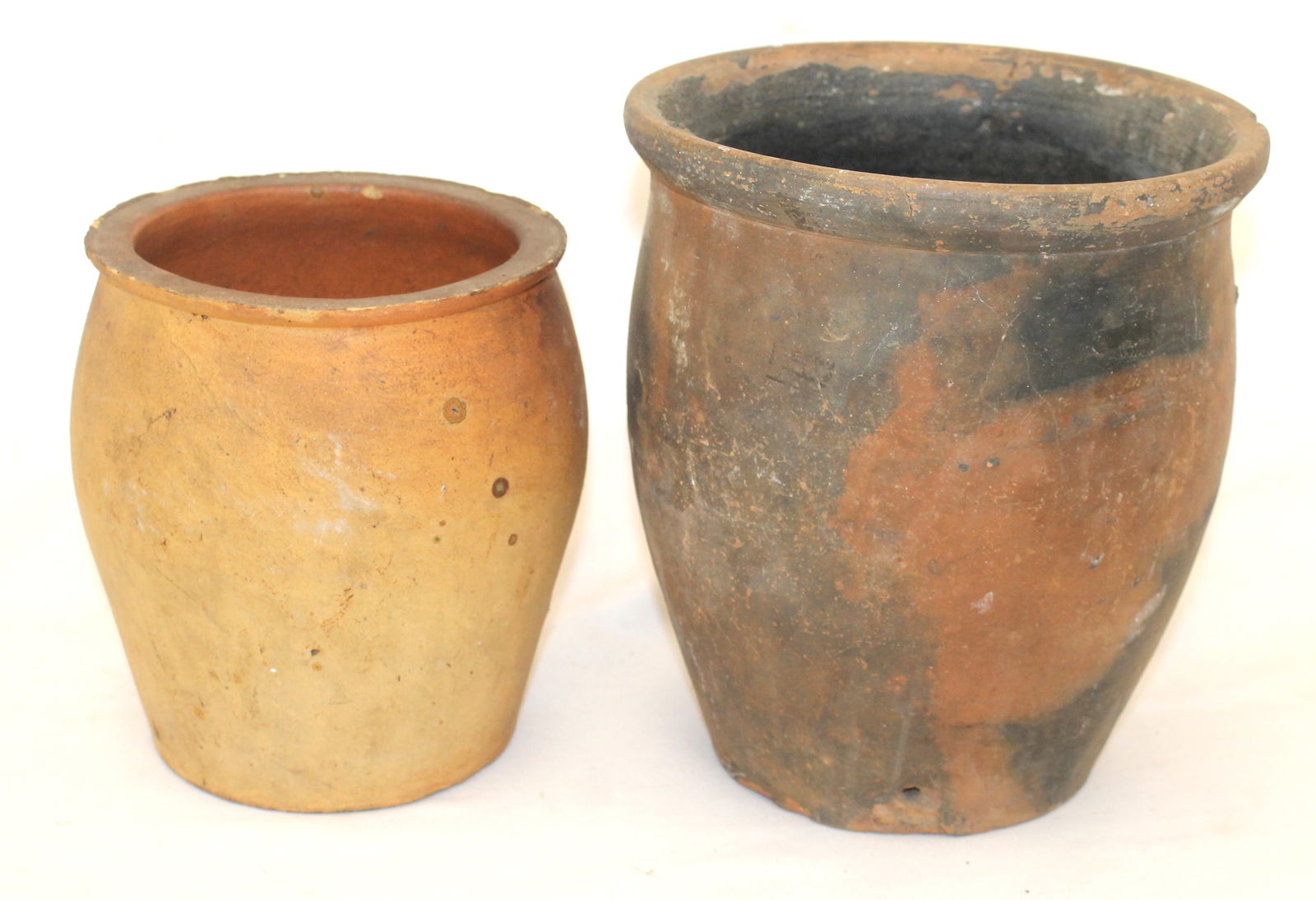 Lot of 2 redware lard pots - 8" x 7 1/2" diam & 6 1/4" x 6" diam (1 of 7)