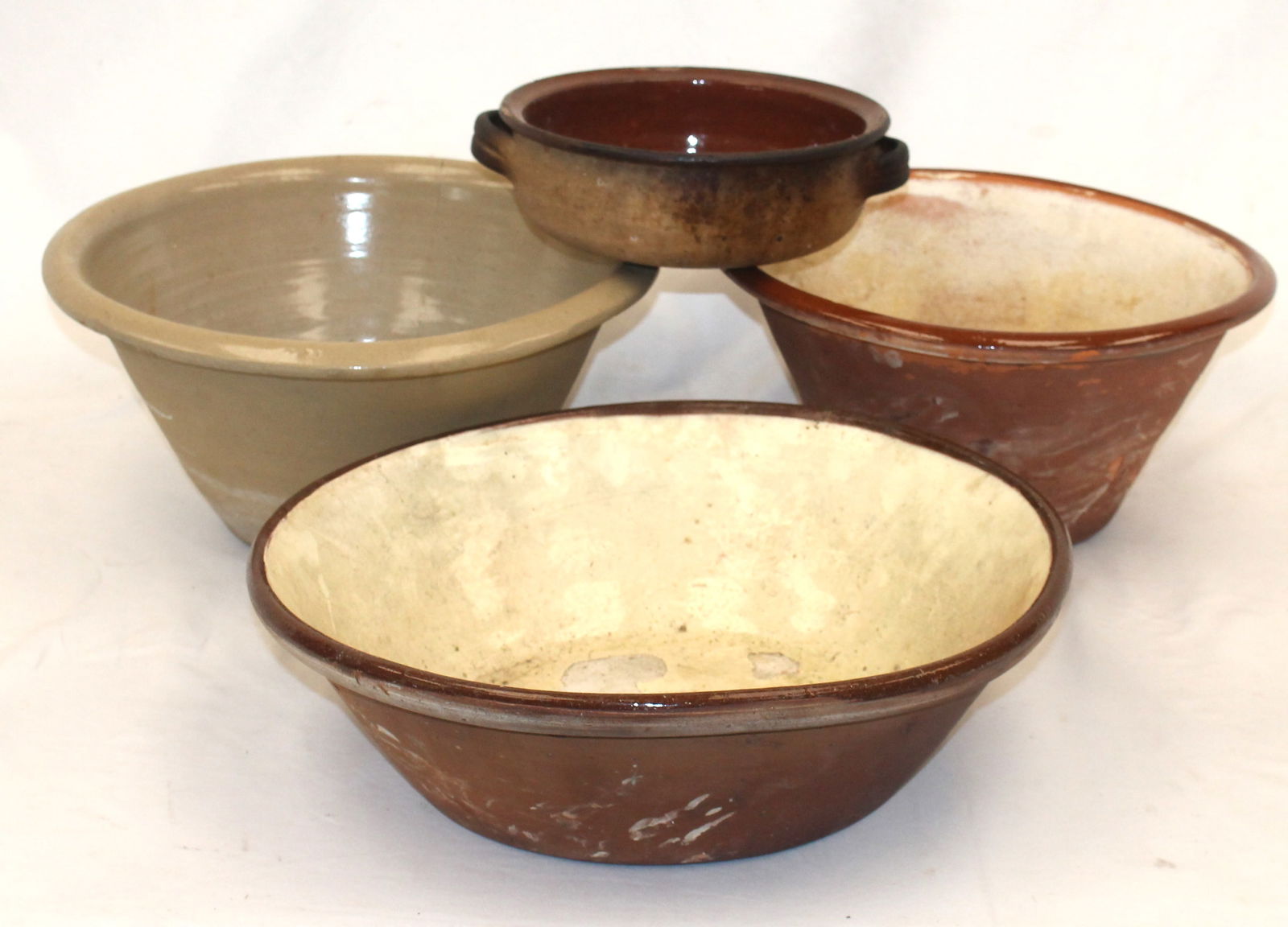 Lot of 4 redware bowls - probably French - 3 very large bowls & 1 two handled casserole 10"diam - (1 of 7)