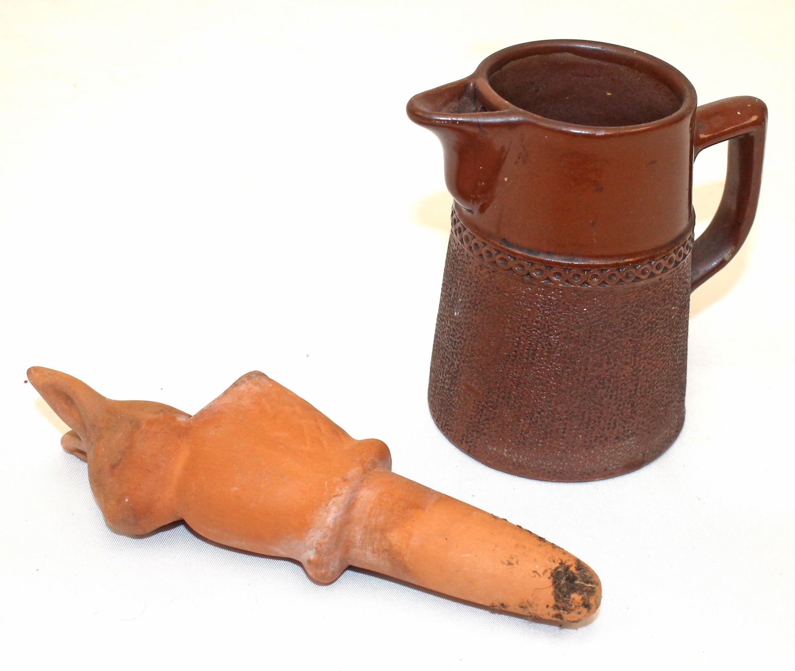 Redware lot incl small contemporary pitcher and rabbit form item to water potted plants (1 of 5)