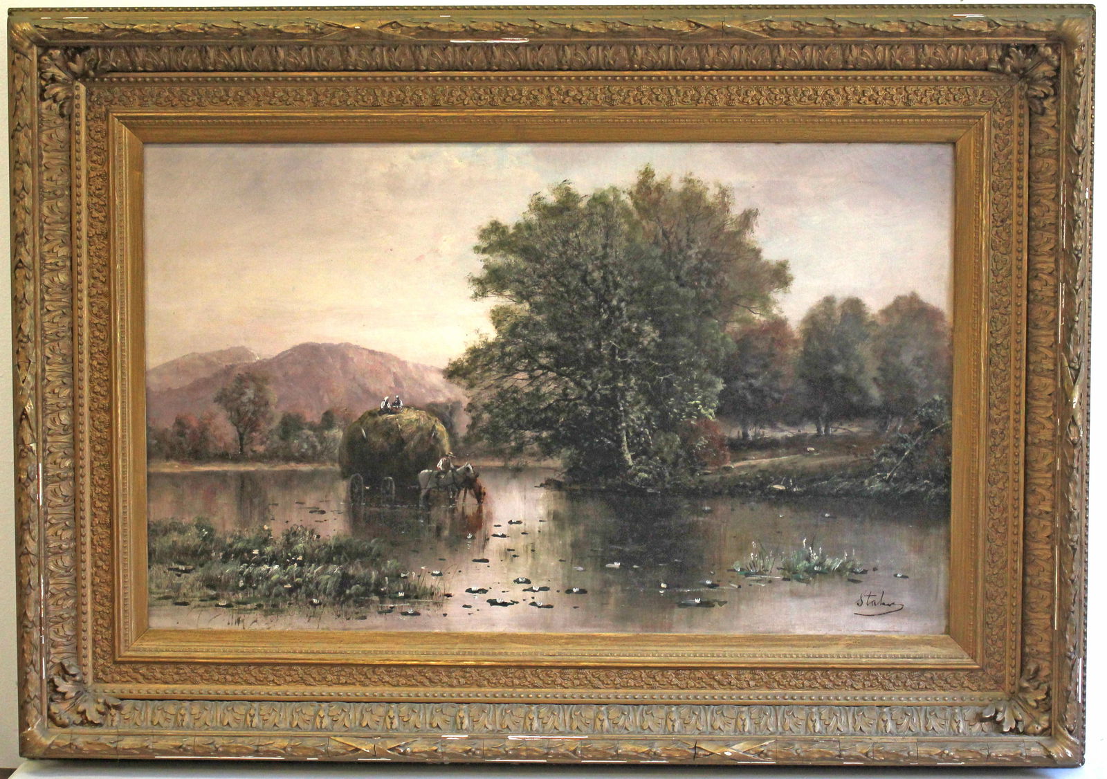 Sgnd illegibly large o/c riverscape w horses drinking - overall framed size 32"x46" (1 of 6)
