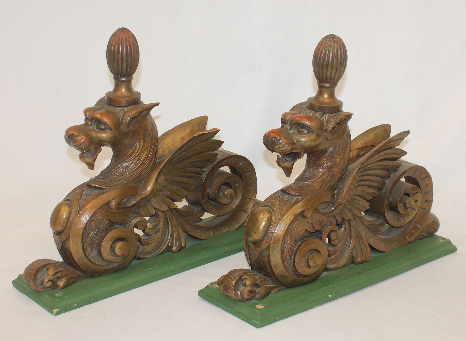 Pair of Victorian carved dragon pediments mounted on boards - 15" tall x 17" long x 5" wide: Pair of Victorian carved dragon pediments mounted on boards - 15" tall x 17" long x 5" wide