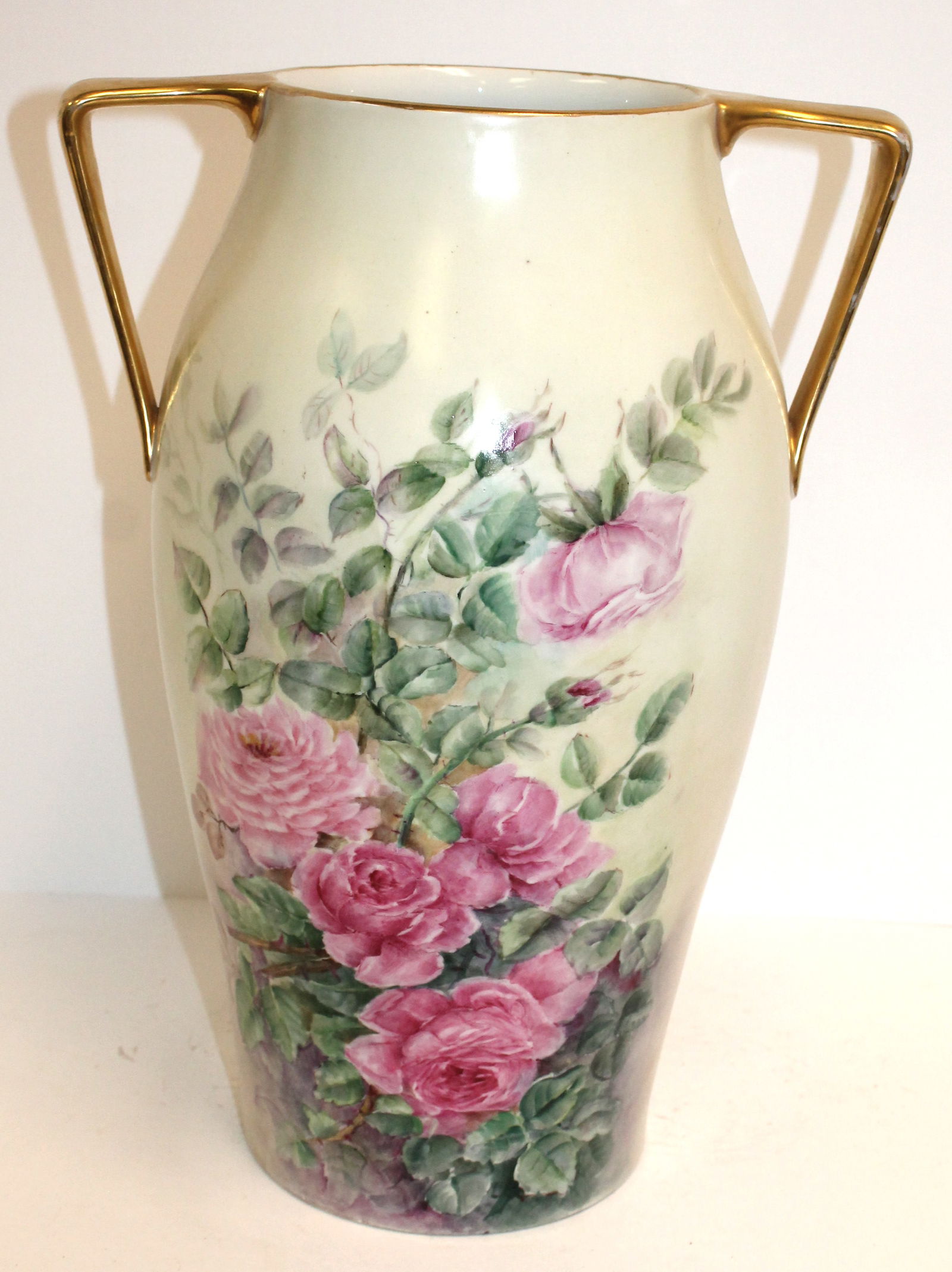 Monumental hand painted T&V Limoges 2 handled vase w yellow & pink roses dec & painted gold handles (1 of 6)