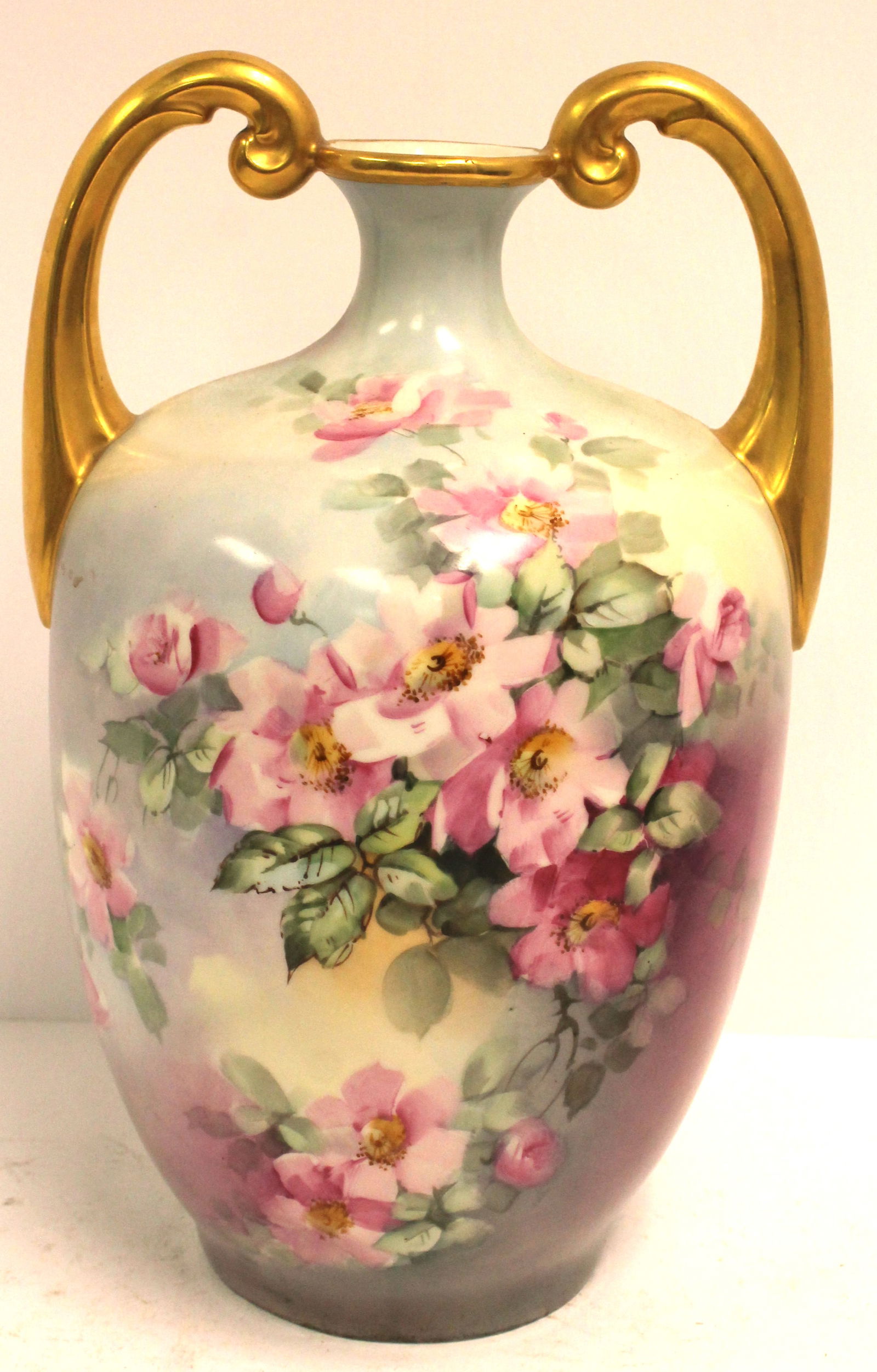 Hand painted Limoges "muscle" vase marked JPL France w pink floral dec & painted gold handles - 13 (1 of 5)