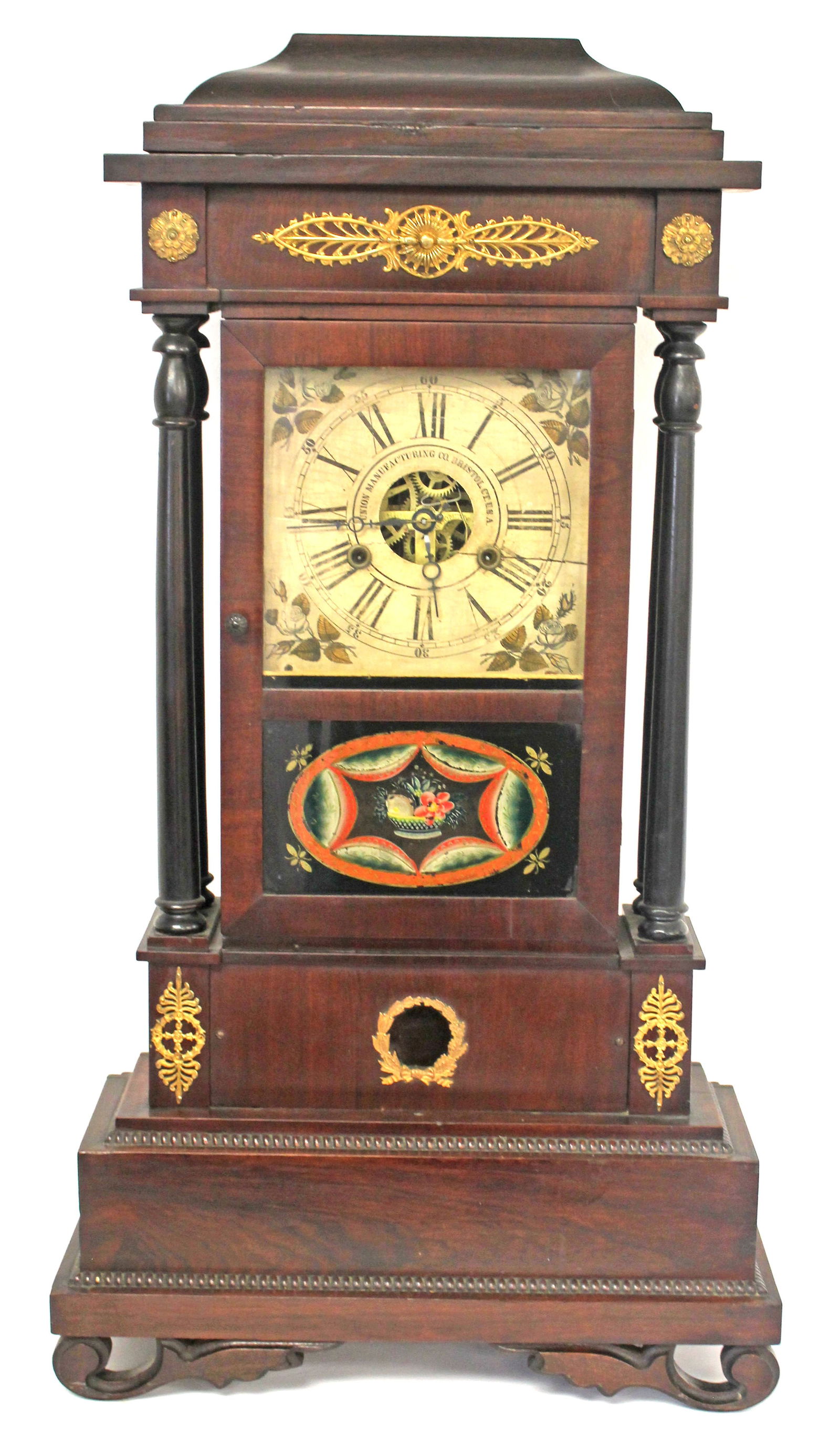 Antique W.S. Conant mantle clock w reverse painted door & brass applied dec - 36"x19" (1 of 13)