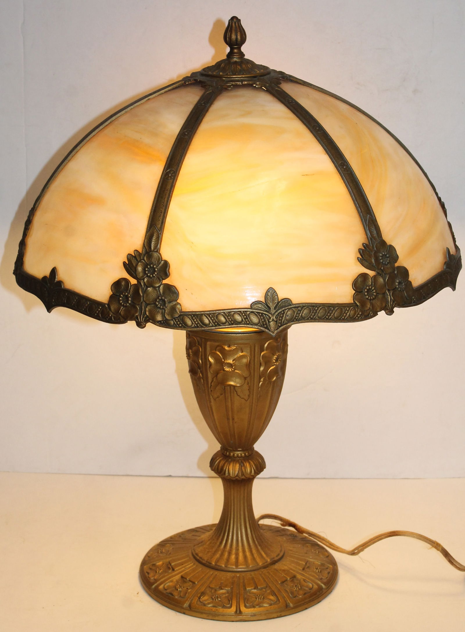 Antique carmel bent slag glass overlaid panel lamp on gold painted base w floral dec - 16" shade (1 of 6)