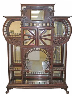 Great RJ Horner Victorian carved mahogany etagere w beveled glass mirrored back & beveled glass: Great RJ Horner Victorian carved mahogany etagere w beveled glass mirrored back & beveled glass doors - RJ Horner plaque on back - 75 1/2" tall x 56 1/2" wide x 14 1/2" deep